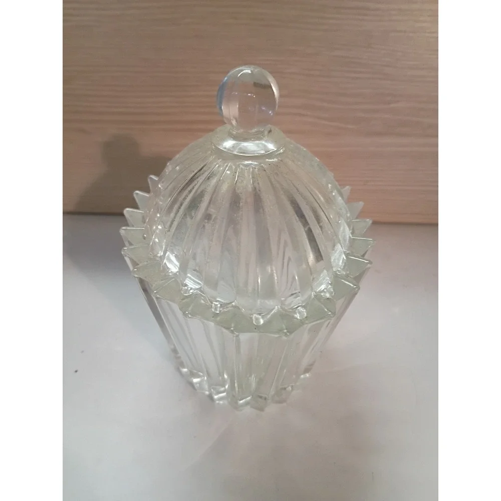 Vintage Clear Ribbed Glass Candy Dish with Lid Scalloped Sawtooth Rim Sugar Bowl